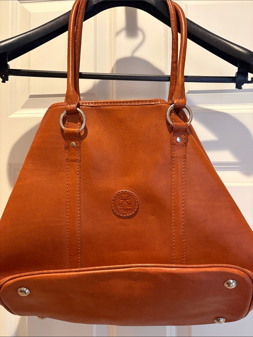 Tan Leather Shoulder Tote with Embossed Logo - Unbranded